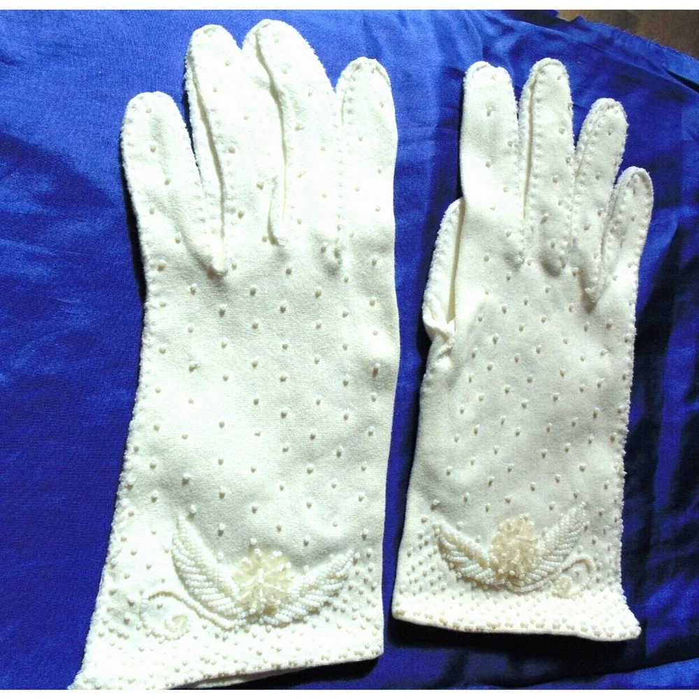 Vtg Elegant White Pearl Micro Beaded Wristlet Gloves 7.5 Event Wedding Formal